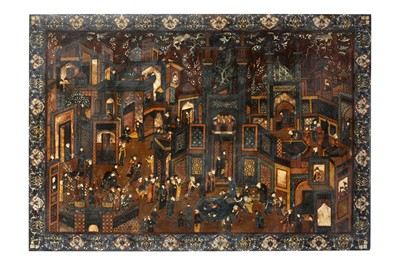 Lot 148 - A MONUMENTAL SAFAVID-REVIVAL LACQUERED PAPIER-MÂCHÉ PANEL