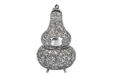 Lot 247 - A mid to late 19th century Chinese export silver double gourd tea caddy or wine bottle, Canton circa 1870 retailed by Cum Shing