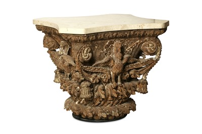 Lot 230 - A CARVED WOODEN TABLE WITH MARBLE TOP