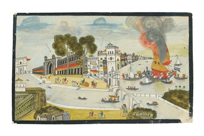 Lot 317 - A HARBOUR SCENE WITH A BURNING MERCHANT FLEET