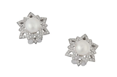 Lot 45 - A pair of cultured pearl and diamond earclips