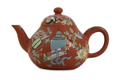 Lot 588 - A CHINESE YIXING ZISHA ENAMELLED TEAPOT AND COVER.