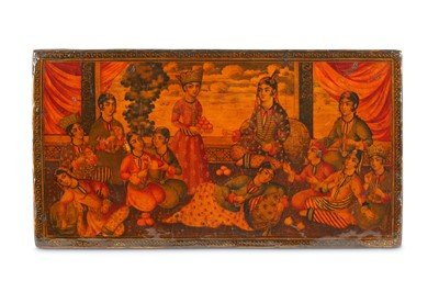 Lot 144 - *A QAJAR LACQUERED PAPIER-MÂCHÉ FIGURAL BOOKCOVER