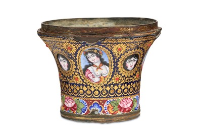 Lot 151 - *A QAJAR GOLD AND POLYCHROME-ENAMELLED COPPER QALYAN CUP