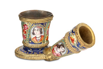 Lot 259 - *A QAJAR POLYCHROME-ENAMELLED GILT-COPPER PIPE