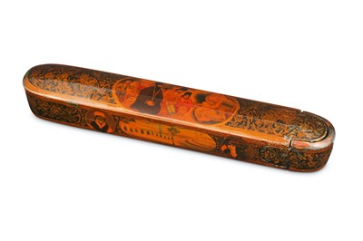 Lot 141 - *A QAJAR LACQUERED PAPIER-MÂCHÉ PEN CASE (QALAMDAN)