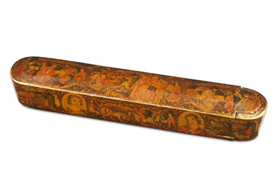 Lot 142 - *A QAJAR LACQUERED PAPIER-MÂCHÉ PEN CASE (QALAMDAN)