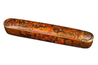 Lot 147 - *A QAJAR LACQUERED PAPIER-MÂCHÉ PEN CASE (QALAMDAN)