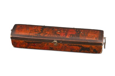 Lot 146 - *A QAJAR LACQUERED PAPIER-MÂCHÉ PEN CASE (QALAMDAN)