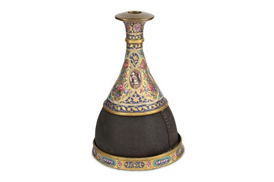 Lot 154 - *A QAJAR POLYCHROME-ENAMELLED COPPER AND LEATHER QALYAN BOTTLE WITH MATCHING BASE
