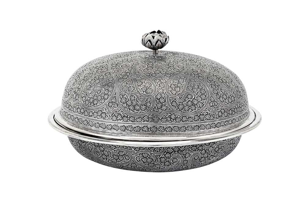 Lot 296 - An early 20th century Anglo – Indian Raj unmarked silver muffin dish, Kashmir circa 1920