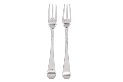 Lot 339 - Two George II sterling silver table forks, one London 1736 by Joseph Barbut