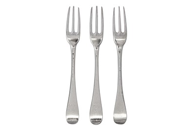 Lot 338 - A pair of George II sterling silver table forks, London 1734 by Paul Hanet (reg. 24th June 1721)