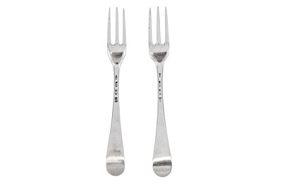 Lot 341 - Two early George III sterling silver table forks, London 1762 one by Paul Callard (reg. 8th Jan 1752, died 1768)