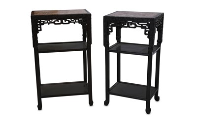 Lot 468 - A PAIR OF CHINESE HARDWOOD AND MARBLE-INLAID STANDS.