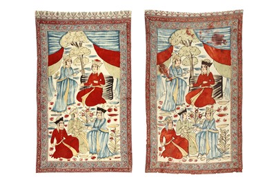 Lot 381 - A PAIR OF PICTORIAL QALAMKARI HANGINGS
