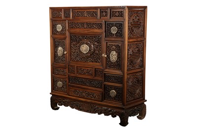 Lot 467 - A CHINESE BONE-INSET RETICULATED WOOD CABINET.
