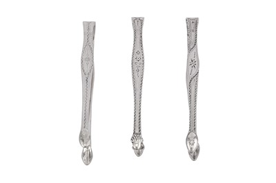 Lot 348 - Three pairs of George III sterling silver sugar tongs, all by Hester Bateman