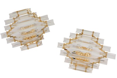 Lot 151 - NOVARESI, ITALY:A pair of Italian two light gilt metal and faceted glass wall sconces by Novaresi