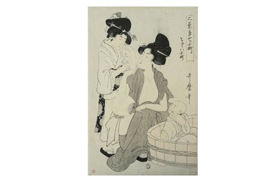 Lot 628 - A JAPANESE WOOD BLOCK PRINT BY KITAGAWA UTAMARO.