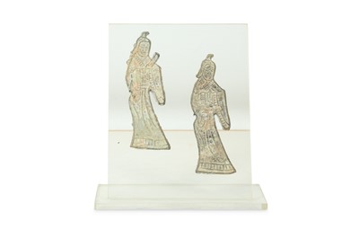 Lot 348 - A PAIR OF CHINESE BRONZE FIGURATIVE PLAQUES.