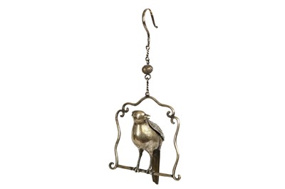 Lot 351 - A CHINESE WHITE METAL HANGING ‘PARROT’ INCENSE BURNER AND COVER.