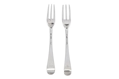 Lot 340 - Two George II sterling silver table forks, London 1747, one by Thomas Jackson I, the other Elias Cachart