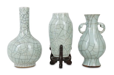 Lot 548 - THREE CHINESE CELADON CRACKLE-GLAZE VASES.
