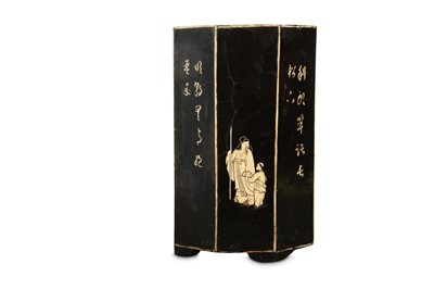 Lot 244 - A CHINESE BLACK LACQUER BONE-INLAID OCTAGONAL BRUSHPOT, BITONG.