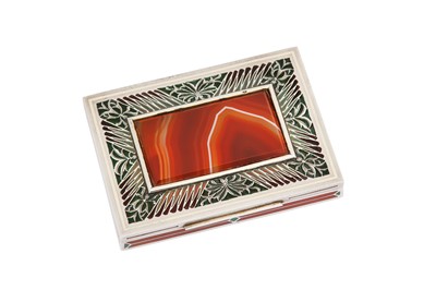 Lot 205 - An early 20th century Austrian 935 standard silver, enamel and agate cigarette case, Vienna by BF, Brüder Frank, import marks for London 1927 by George Stockwell, retailed by Alfred Dunhill