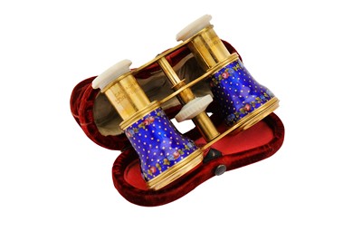 Lot 372 - A cased pair of late 19th century guilloche enamel opera glasses, circa 1880 by Callaghan, New Bond Street
