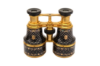 Lot 373 - A cased pair of mid to late 19th century gold inlaid pique work tortoiseshell opera glass, circa 1860 by Dolland and Co