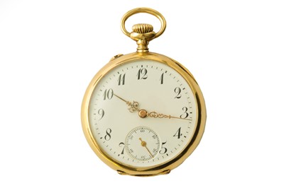 Lot 467 - AN 18K YELLOW GOLD OPEN FACE POCKET WATCH