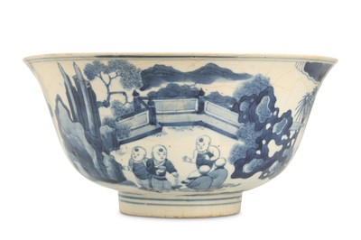 Lot 581 - A CHINESE BLUE AND WHITE 'BOYS' BOWL.