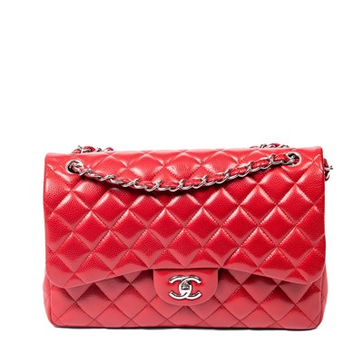 Lot 1 - Chanel Red Caviar Jumbo Double Flap Bag