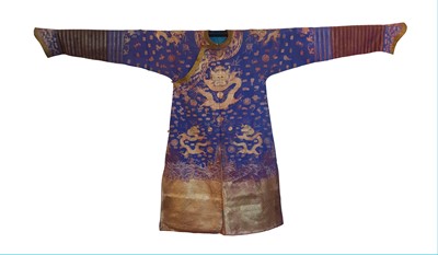 Lot 374 - A CHINESE BLUE-GROUND EMBROIDERED 'DRAGON' SILK ROBE, JIFU.