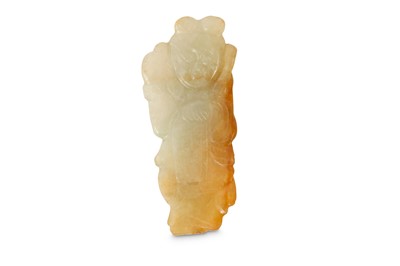 Lot 57 - A CHINESE PALE CELADON JADE CARVING OF ZHOU TANZI.