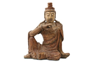 Lot 449 - A CHINESE POLYCHROMED-WOOD FIGURE OF GUANYIN.