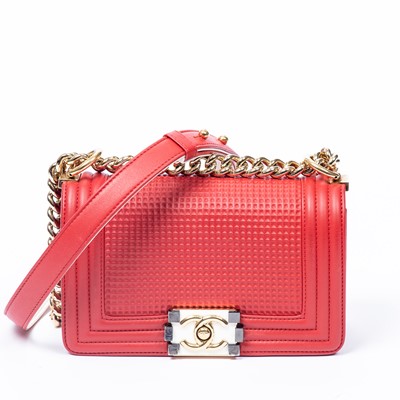 Lot 2 - Chanel Red Cube Embossed Small Boy Bag