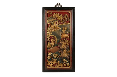 Lot 534 - A CHINESE LACQUER AND GILT-WOOD 'WARRIORS' PANEL.