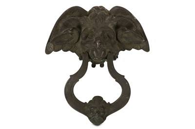 Lot 33 - A 19TH CENTURY CAST IRON DOOR KNOCKER MODELLED WITH A DEVIL