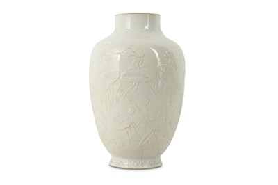 Lot 292 - A CHINESE WHITE-GLAZED 'LOTUS POND' VASE.