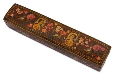 Lot 58 - * A QAJAR LACQUERED PAPIER-MÂCHÉ SQUARED PEN CASE (QALAMDAN)