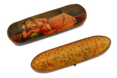 Lot 56 - * TWO SMALL QAJAR LACQUERED PAPIER-MÂCHÉ SPECTACLE CASES