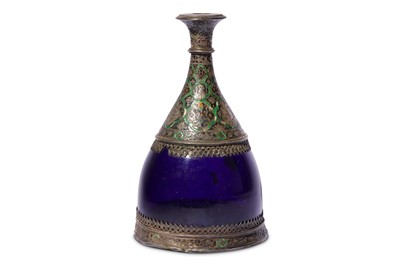 Lot 75 - * A QAJAR BLUE GLASS QALYAN BOTTLE WITH ENAMELLED SILVER FITTINGS