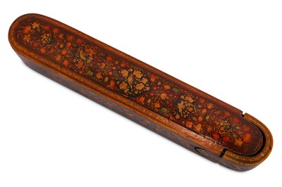 Lot 66 - * A LACQUERED PAPIER-MÂCHÉ PEN CASE (QALAMDAN) WITH GOL-O-BOLBOL MOTIF