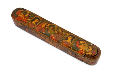 Lot 69 - * A QAJAR LACQUERED PAPIER-MÂCHÉ PEN CASE (QALAMDAN) WITH FIGURAL DECORATION