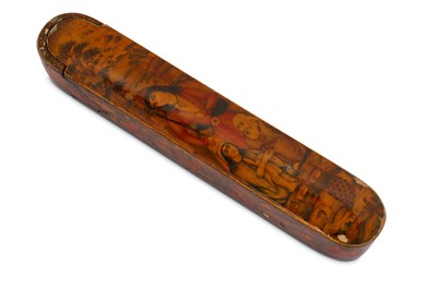 Lot 73 - * A QAJAR LACQUERED PAPIER-MÂCHÉ PEN CASE (QALAMDAN) WITH A SUFI SHEYKH AND HIS PUPILS