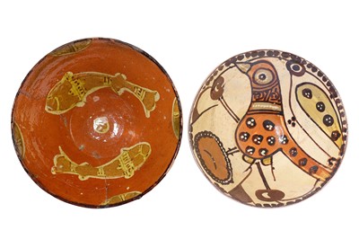 Lot 2 - * TWO WHITE SLIP POLYCHROME-PAINTED EARTHENWARE BOWLS