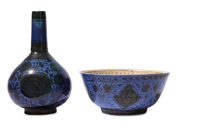 Lot 13 - * A SAFAVID COPPER-LUSTRE AND BLUE POTTERY BOWL AND BOTTLE